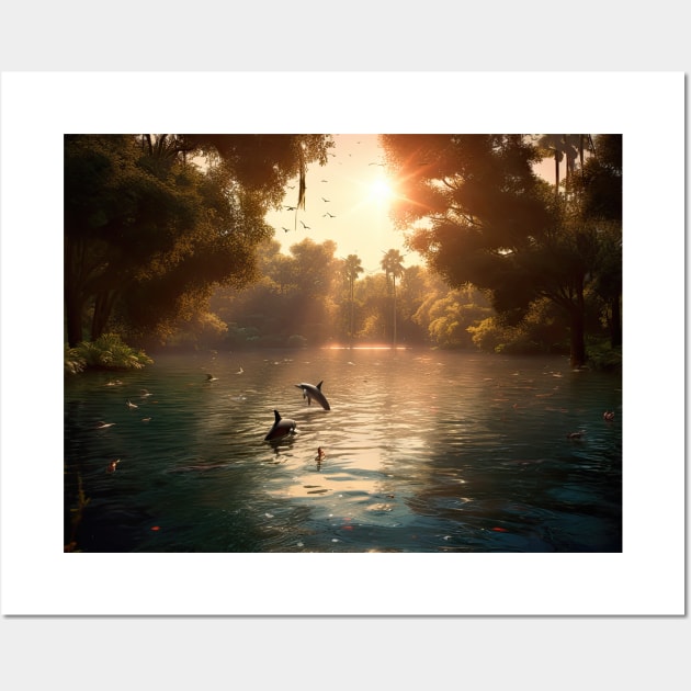 Enchanted Waters: Dolphins Amidst the Amazon Rainforest Wall Art by MerlinArt